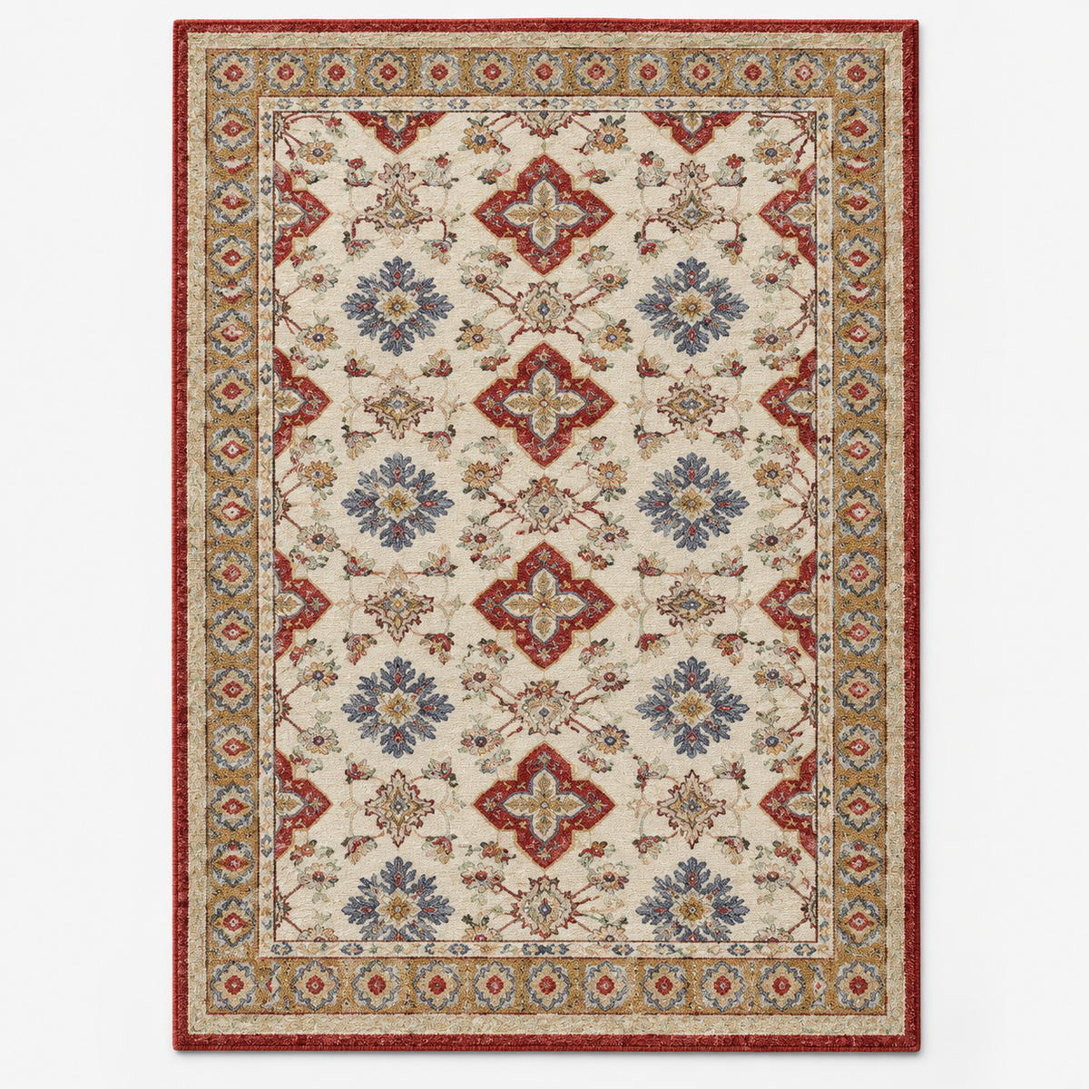Full vertical front view, hand tufted wool pile