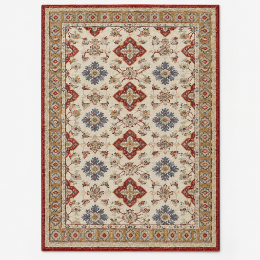 Full vertical front view, hand tufted wool pile