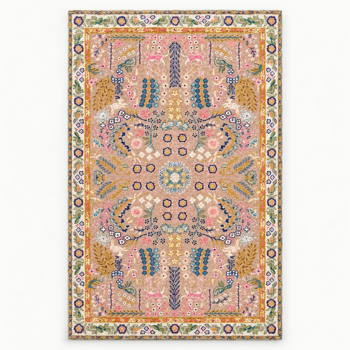 Full vertical front view, hand tufted wool pile