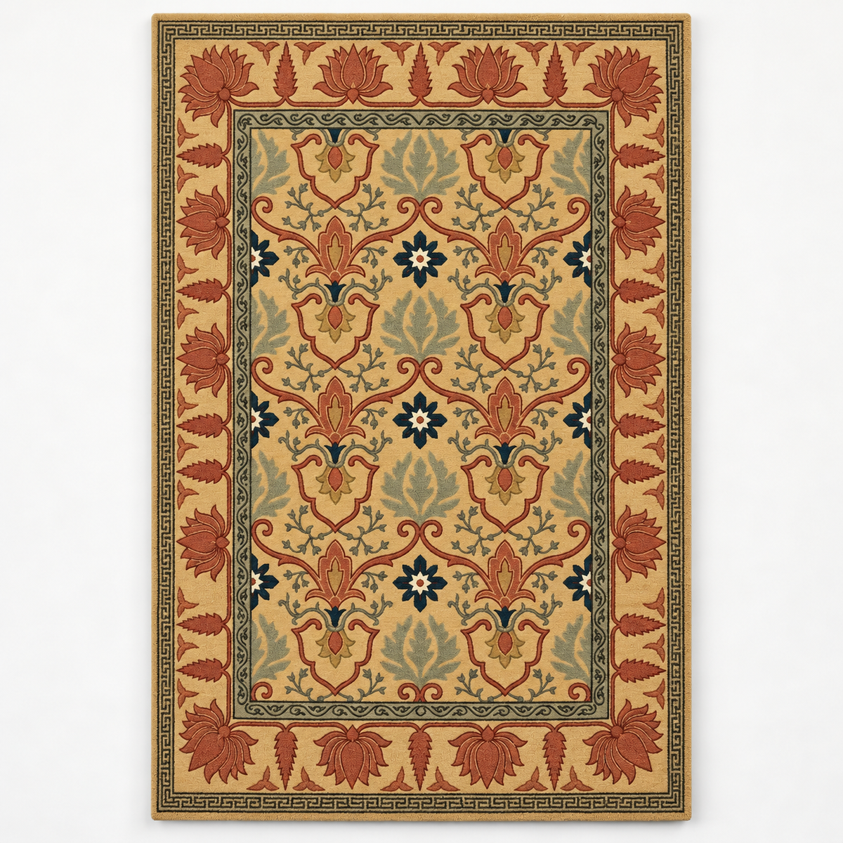 Full vertical front view, hand tufted wool pile
