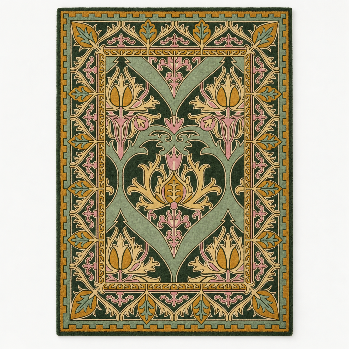 Full vertical front view, hand tufted wool pile