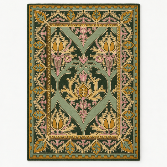 Full vertical front view, hand tufted wool pile