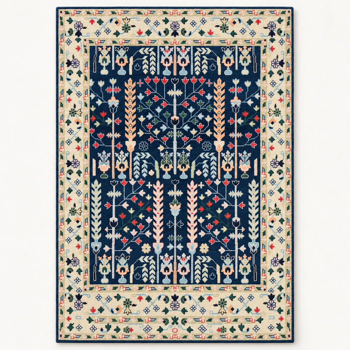Full vertical front view, hand tufted wool pile