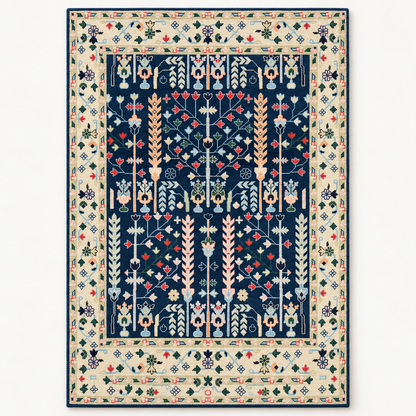 Full vertical front view, hand tufted wool pile