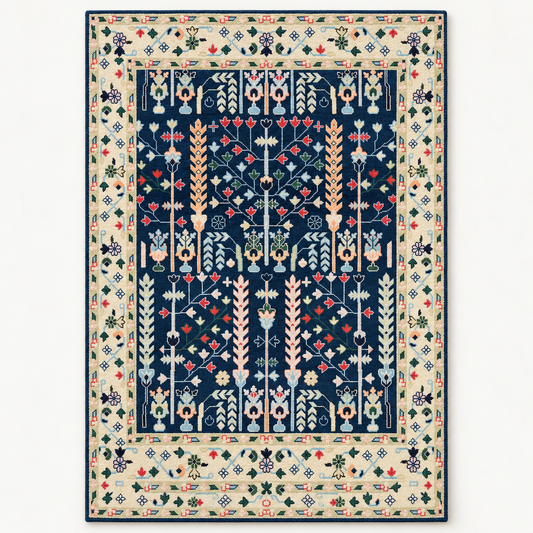 Full vertical front view, hand tufted wool pile