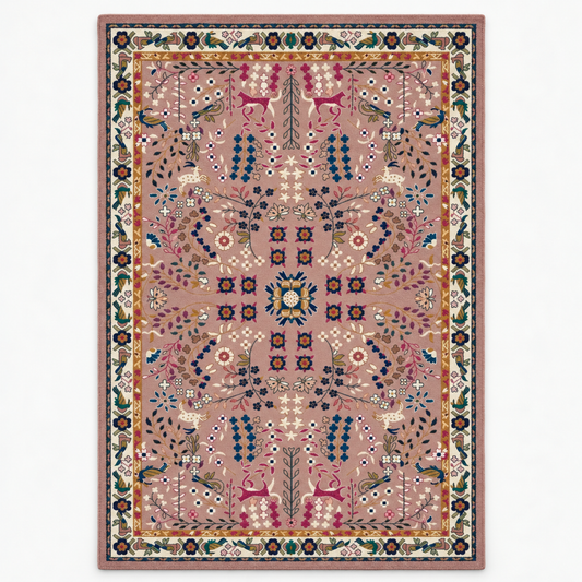 Full vertical front view, hand tufted wool pile