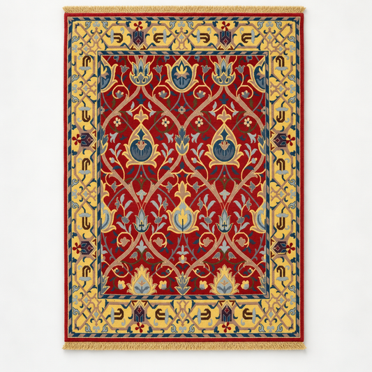 Full vertical front view, hand tufted wool pile