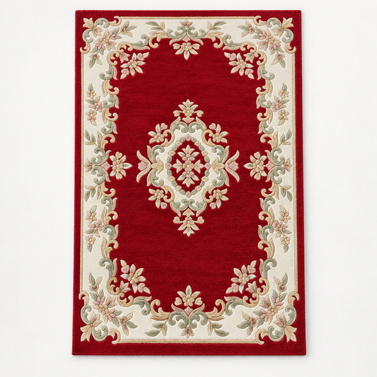 Full vertical front view, hand tufted wool pile