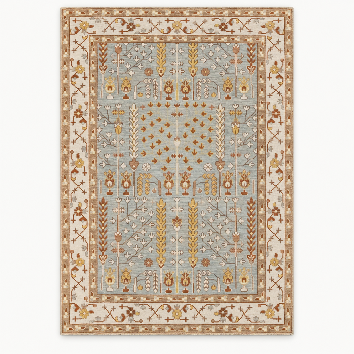Full vertical front view, hand tufted wool pile