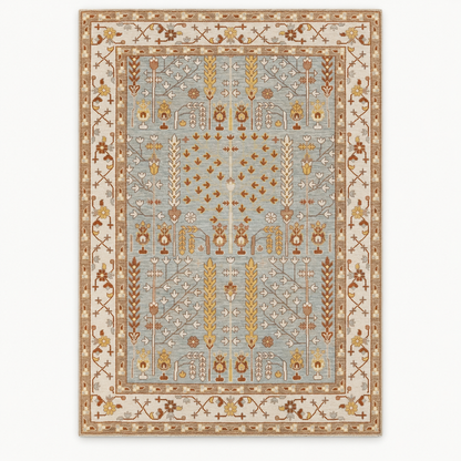 Full vertical front view, hand tufted wool pile