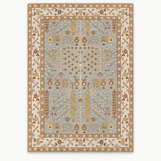 Full vertical front view, hand tufted wool pile