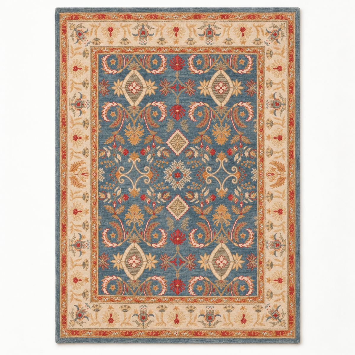 Full vertical front view, hand tufted wool pile