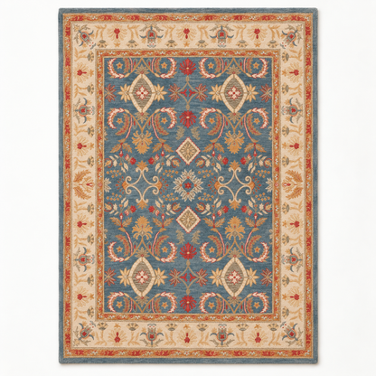 Full vertical front view, hand tufted wool pile
