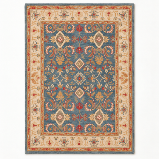 Full vertical front view, hand tufted wool pile