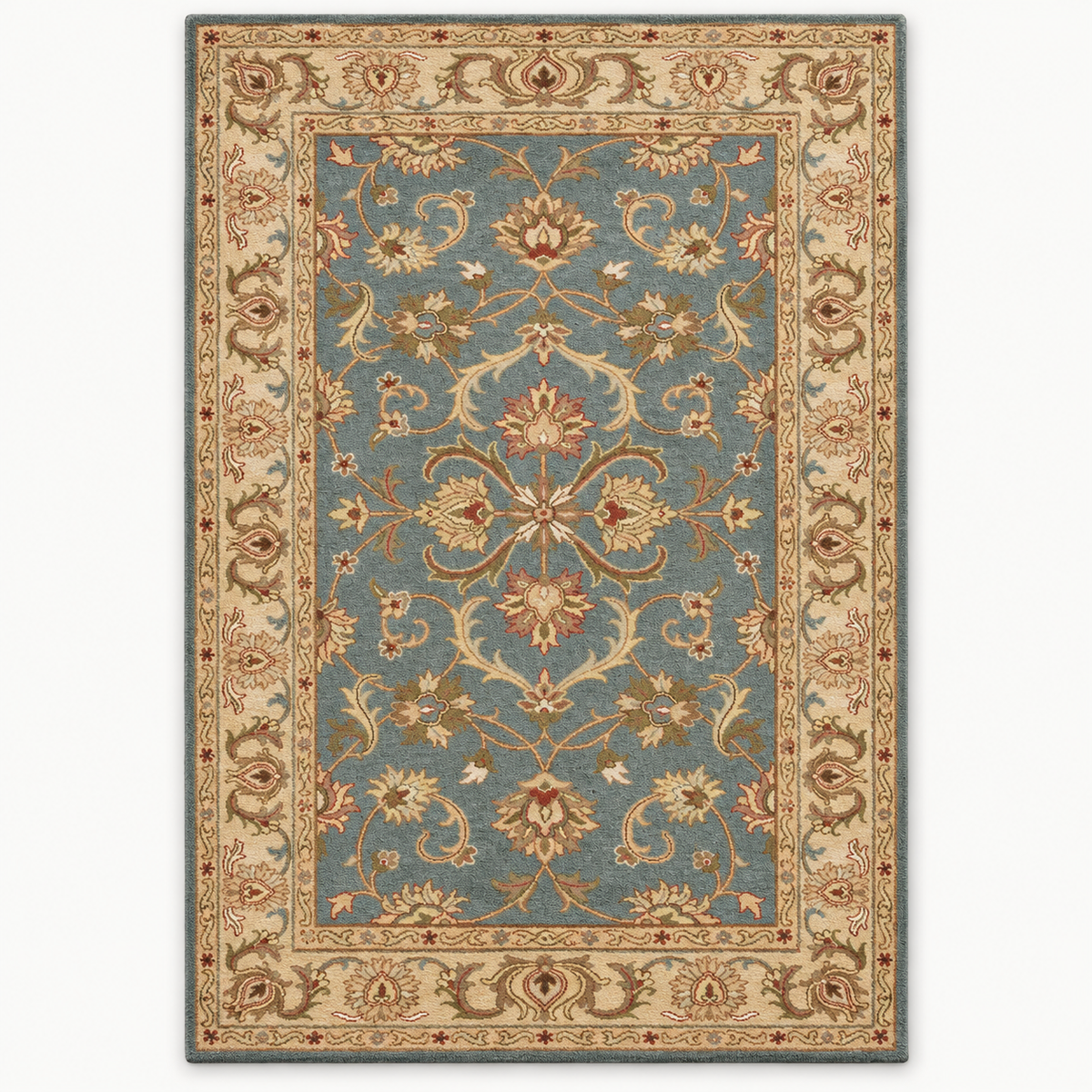 Full vertical front view, hand tufted wool pile