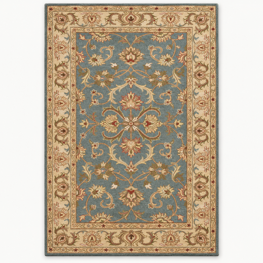 Full vertical front view, hand tufted wool pile