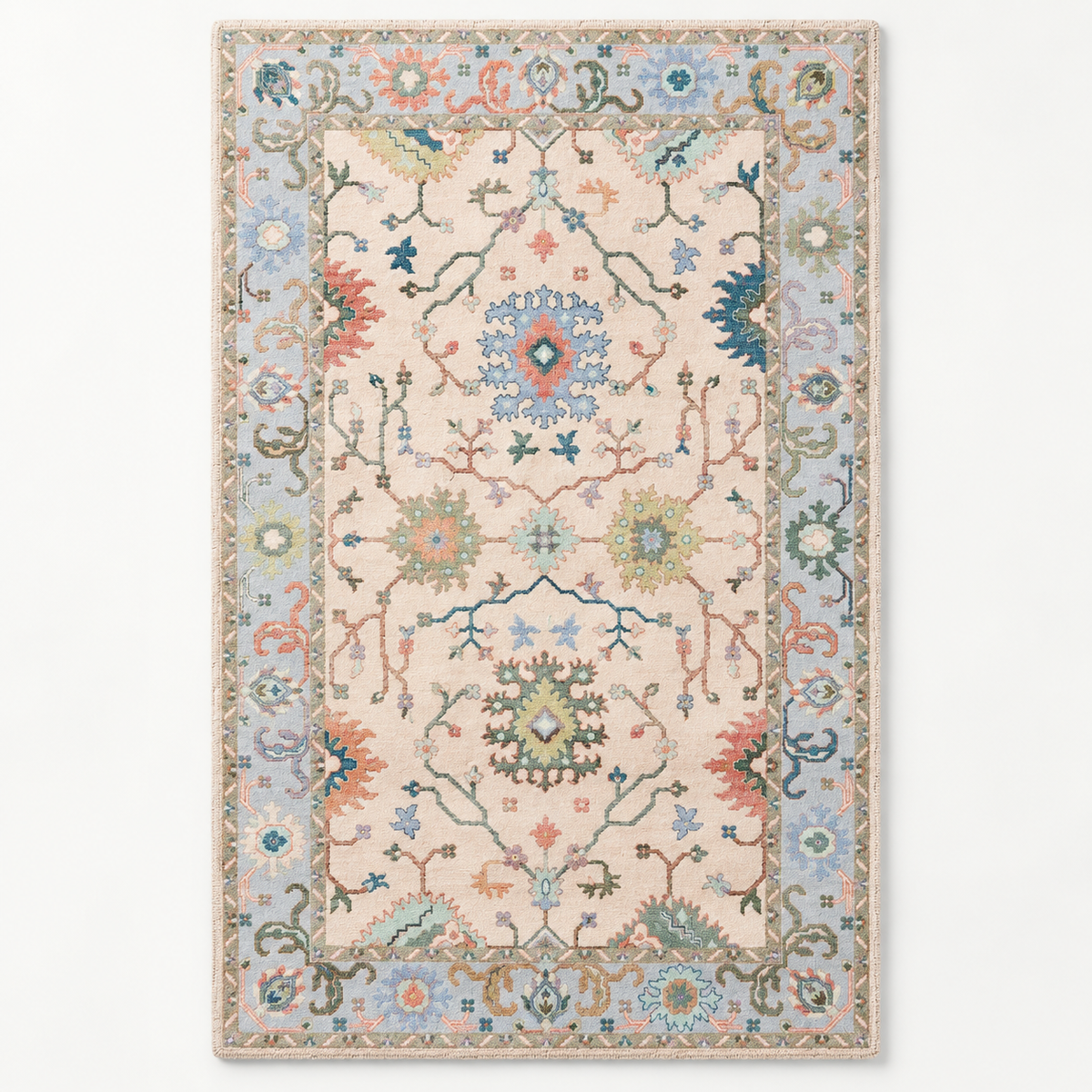 Full vertical front view, hand tufted wool pile