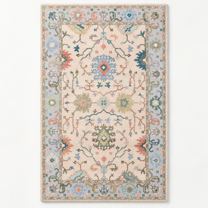 Full vertical front view, hand tufted wool pile