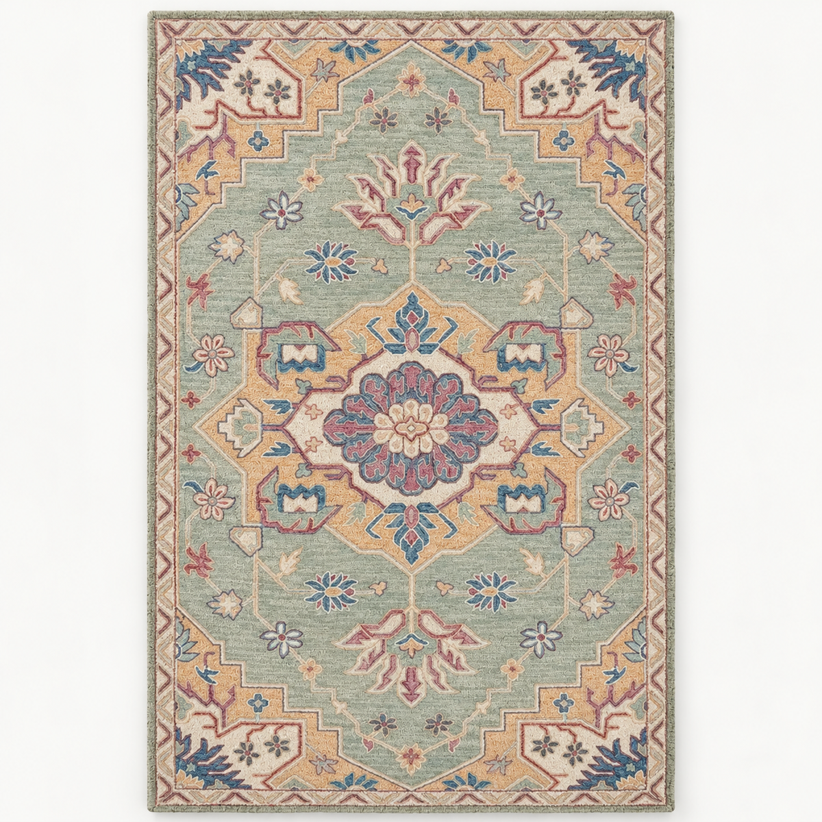 Full vertical front view, hand tufted wool pile