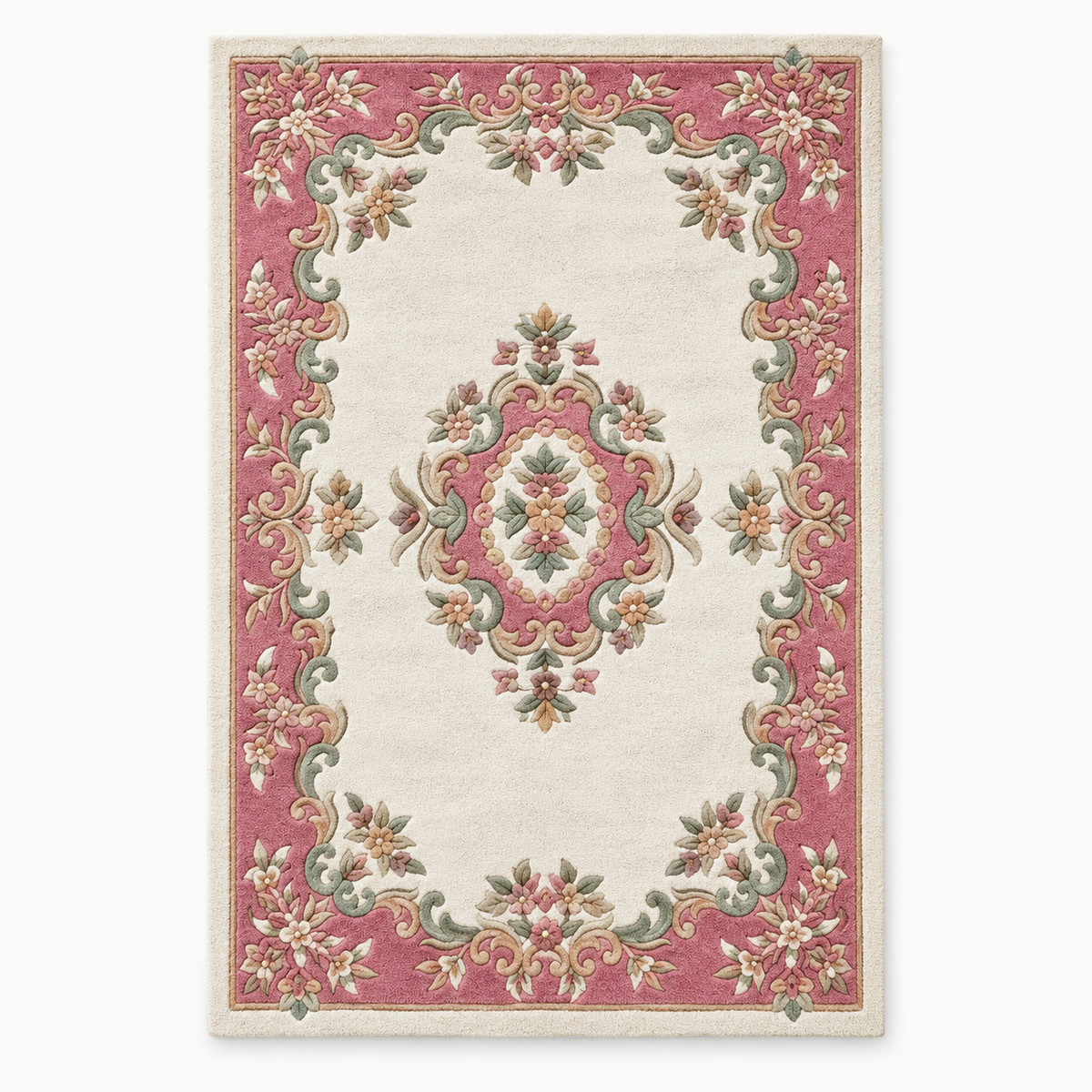 Full vertical front view, hand tufted wool pile