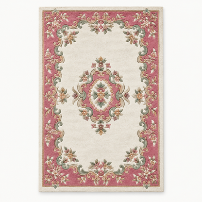 Full vertical front view, hand tufted wool pile