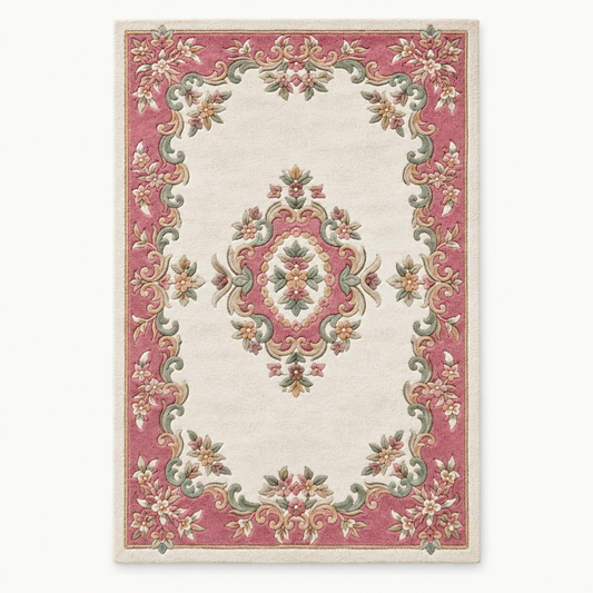 Full vertical front view, hand tufted wool pile