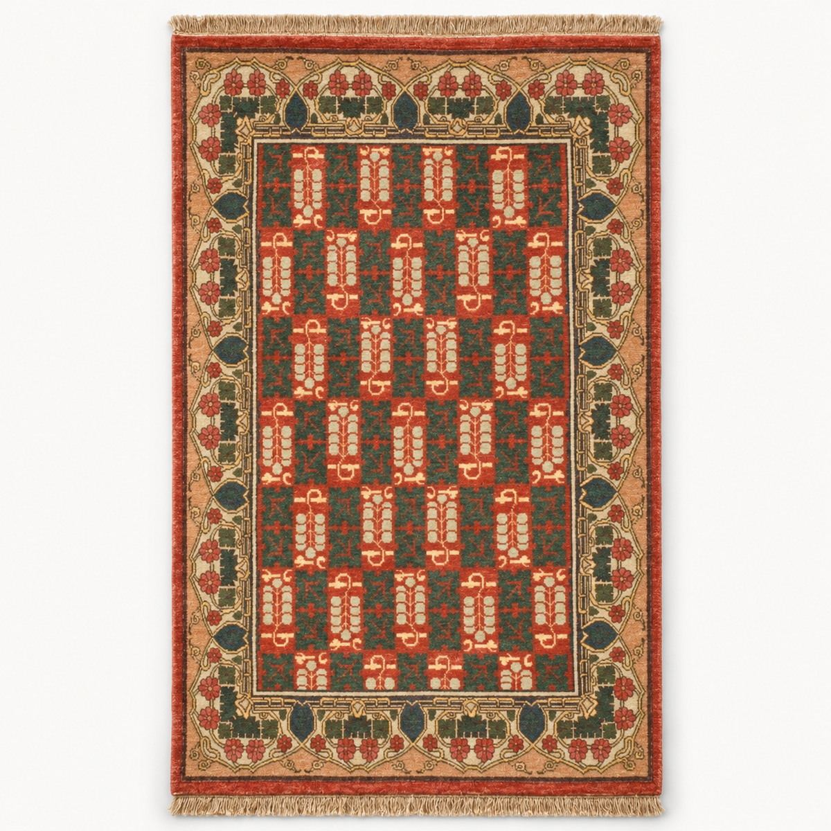 Full vertical front view, hand tufted wool pile