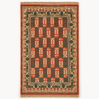 Full vertical front view, hand tufted wool pile