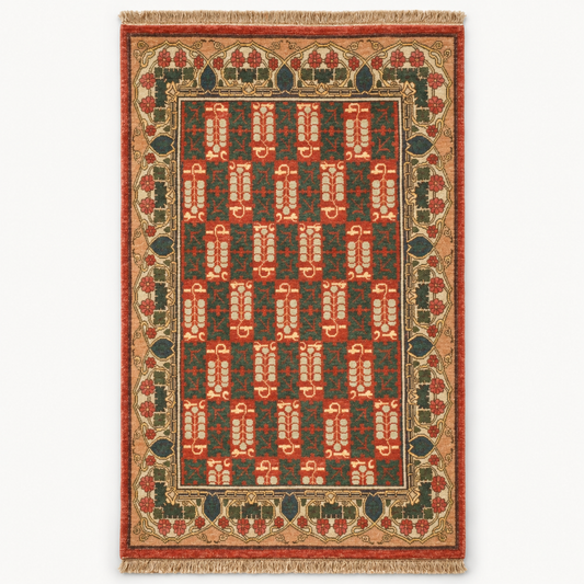 Full vertical front view, hand tufted wool pile