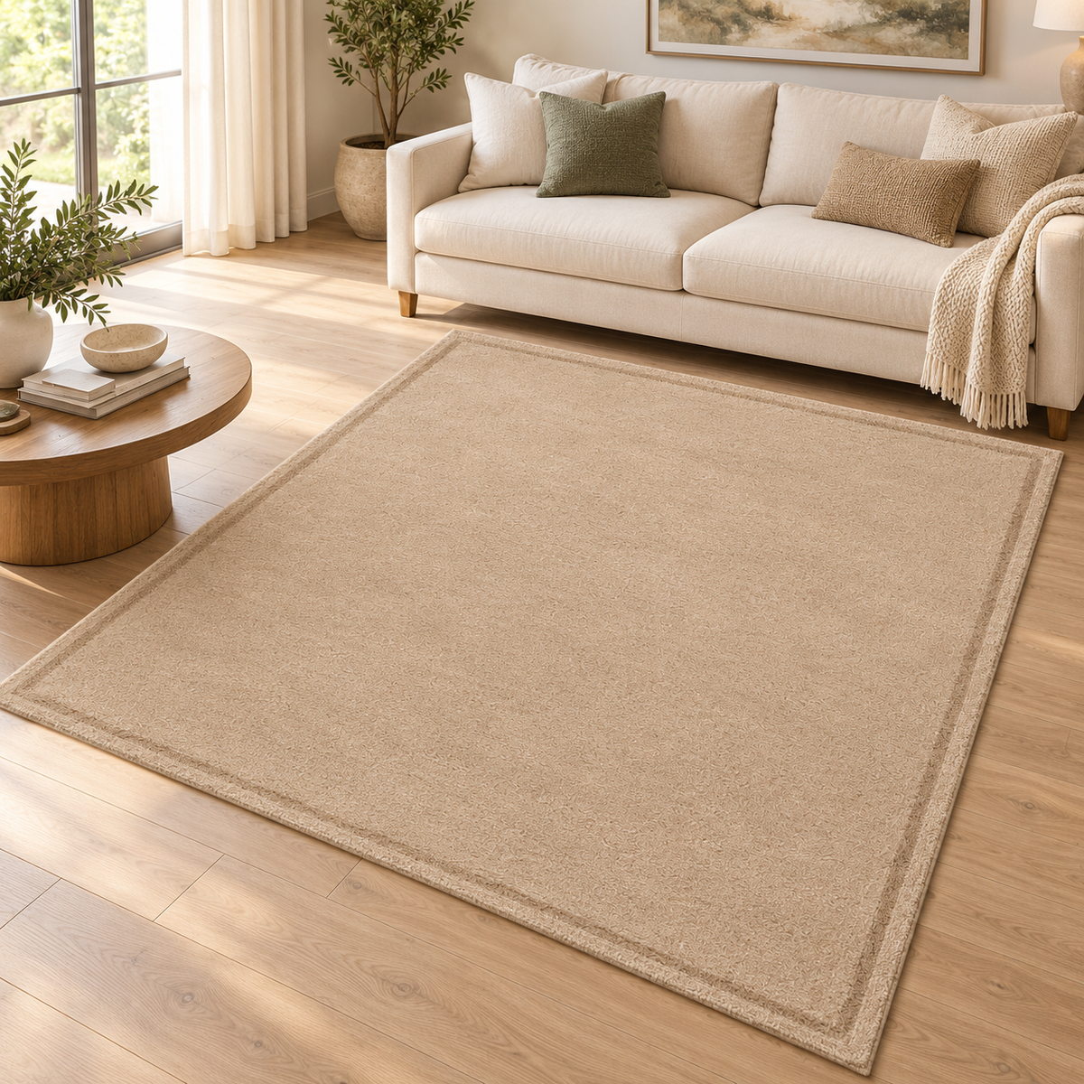 Warm Beige Plain Hand Tufted Rug – Subtle Single Border styled in a decorated living room with sofa