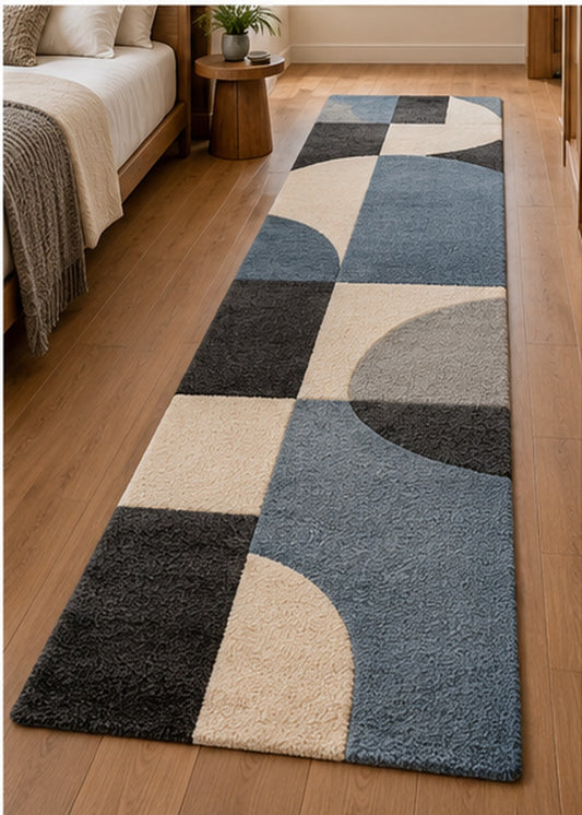 AI-generated room visualization: Dusty Blue Geometric Hand-Tufted Wool Runner Rug