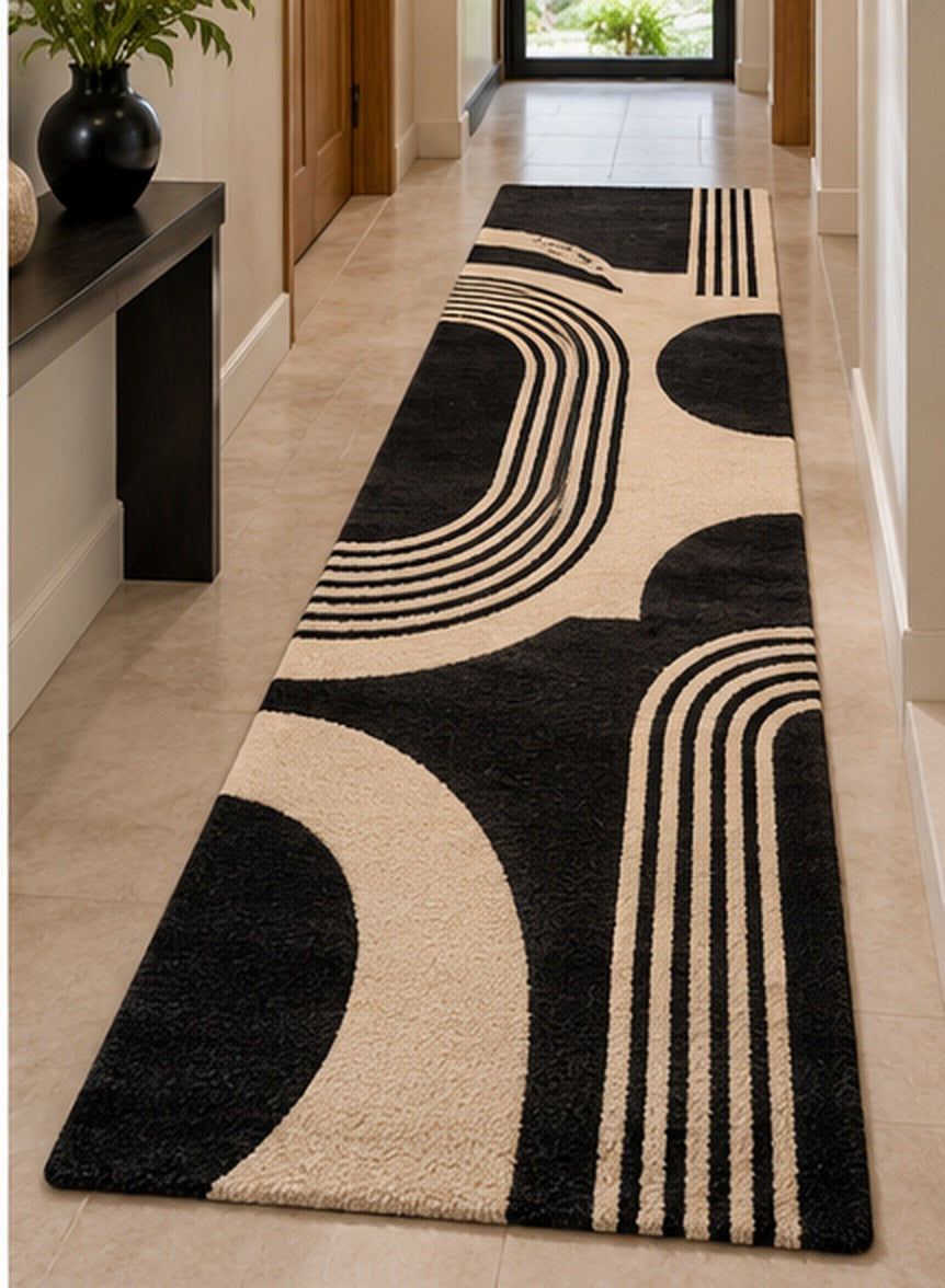 AI-generated room visualization: Monochrome Arches Hand-Tufted Wool Runner Rug – Black & Ivory