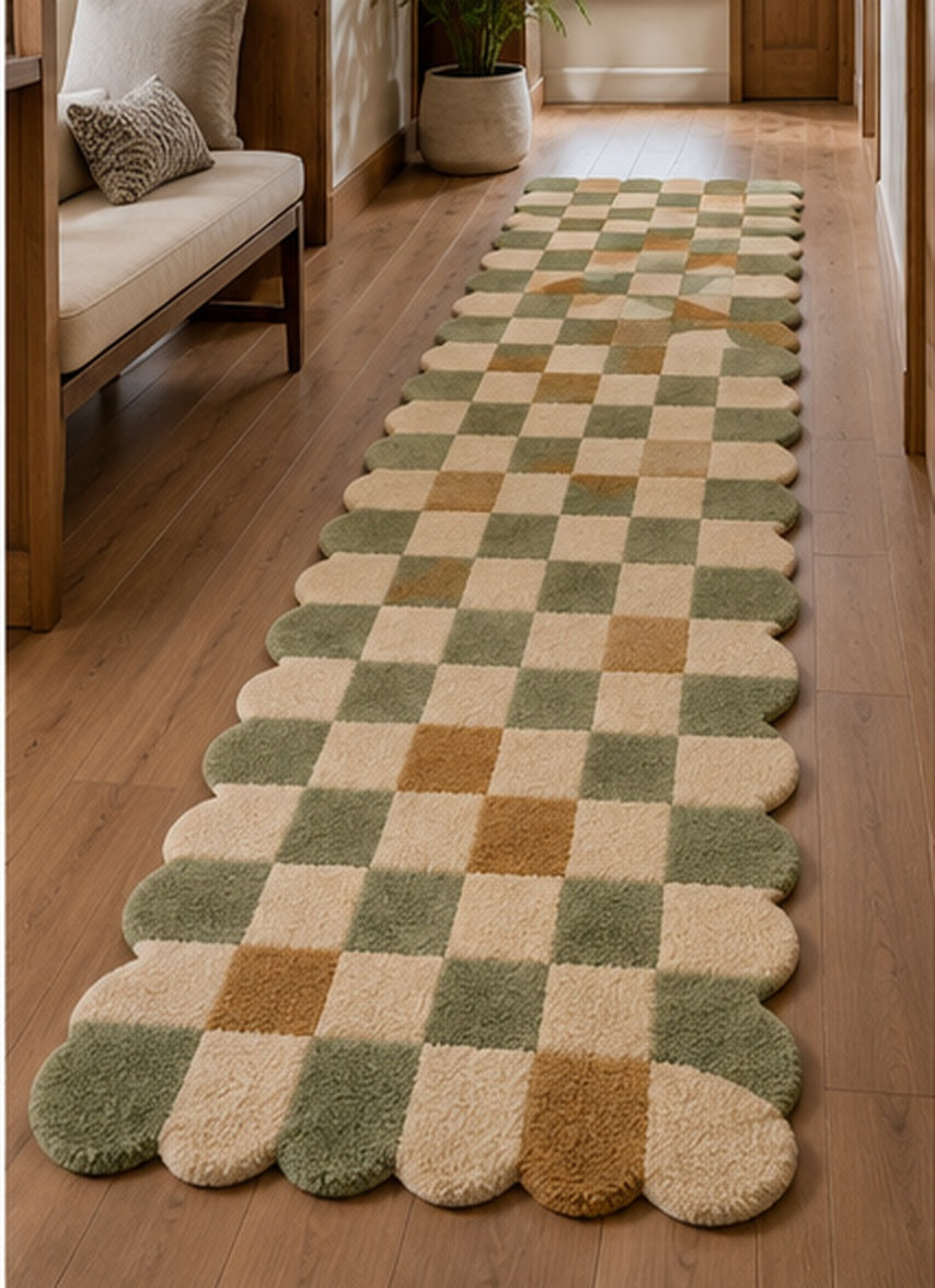 AI-generated room visualization: Sage Scalloped Checkerboard Hand-Tufted Wool Runner Rug