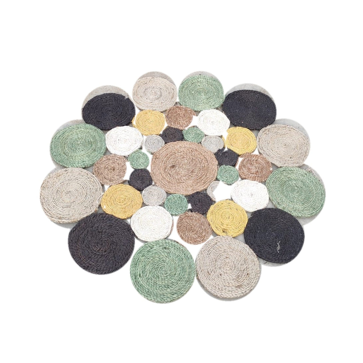 Multicolor hand-braided jute rug, actual product design on white background