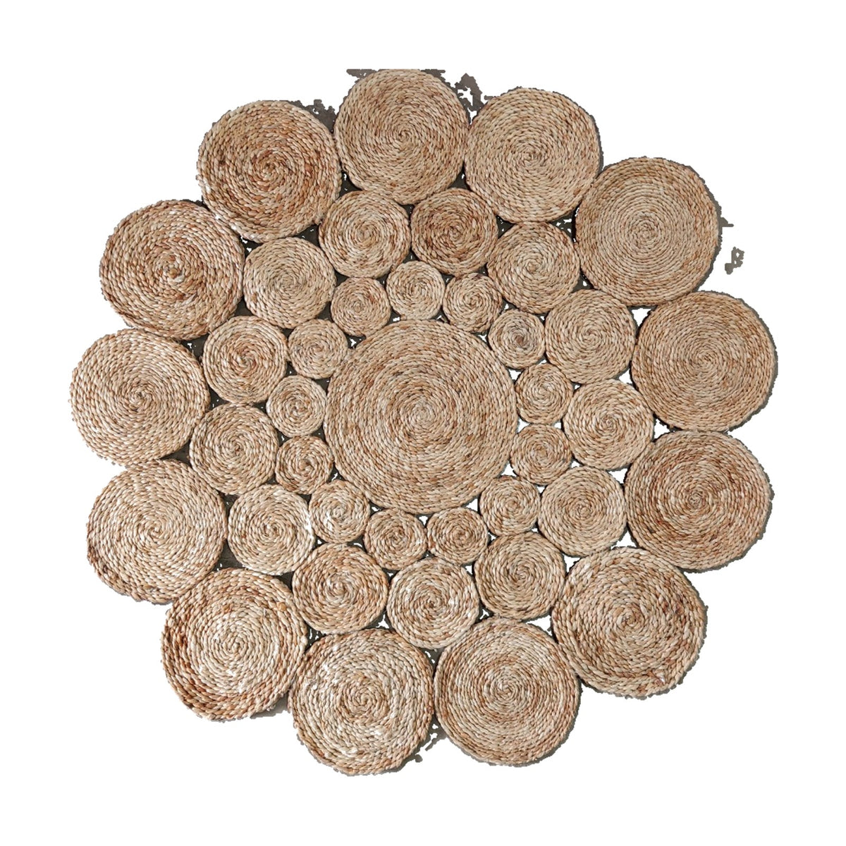 Natural Beige hand-braided jute rug, actual product design on white background