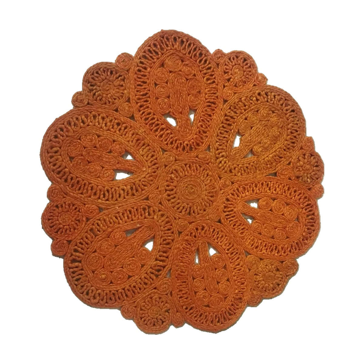 Terracotta Orange hand-braided jute rug, actual product design on white background